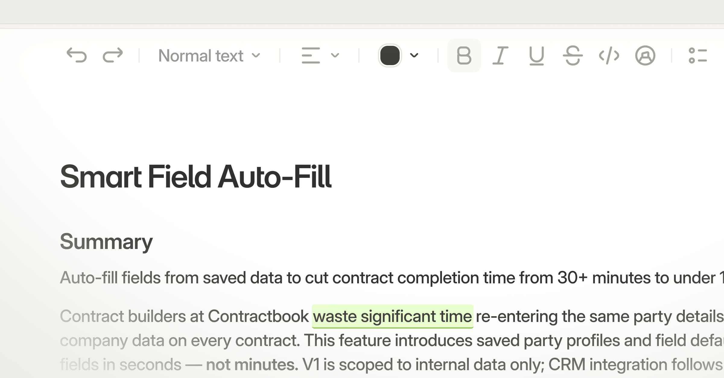 Document editor with formatting toolbar — bold, lists, and alignment controls above a Smart Field Auto-Fill brief