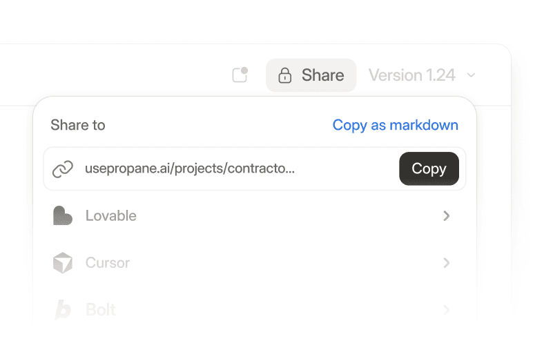 One click. Your canvas becomes a working prototype in Lovable, Cursor, or Bolt.