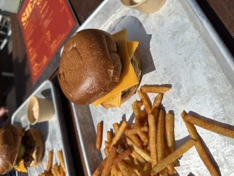Cheeseburger and fries on a metal tray