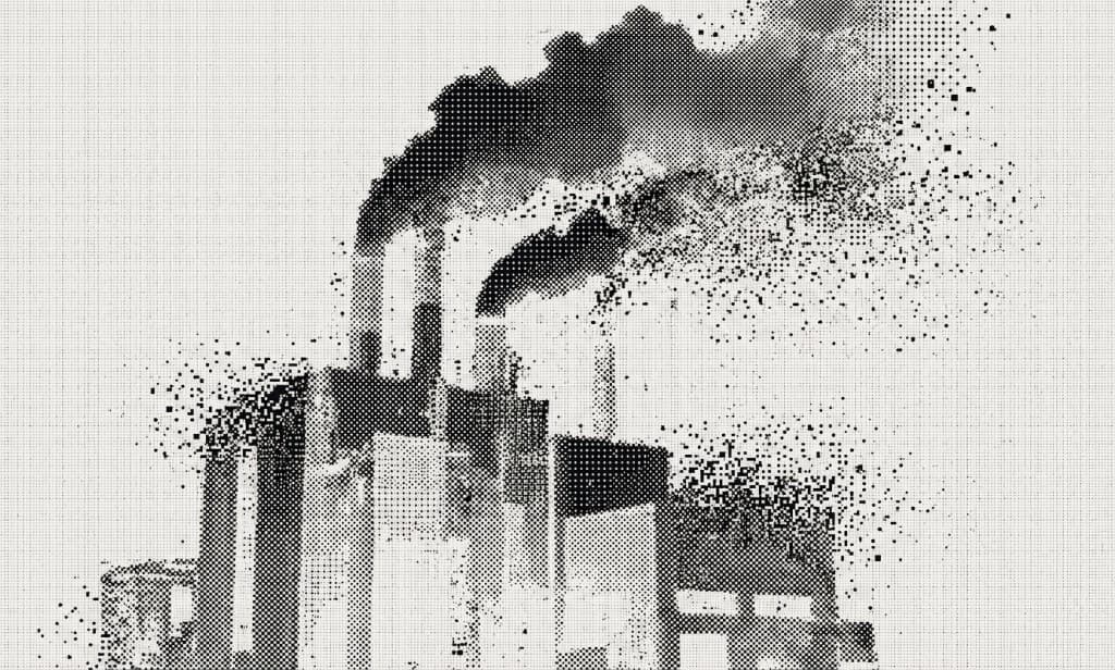 Stylized black-and-white halftone illustration of an industrial factory with smoke billowing from chimneys, with a grainy digital disintegration effect along the edges.